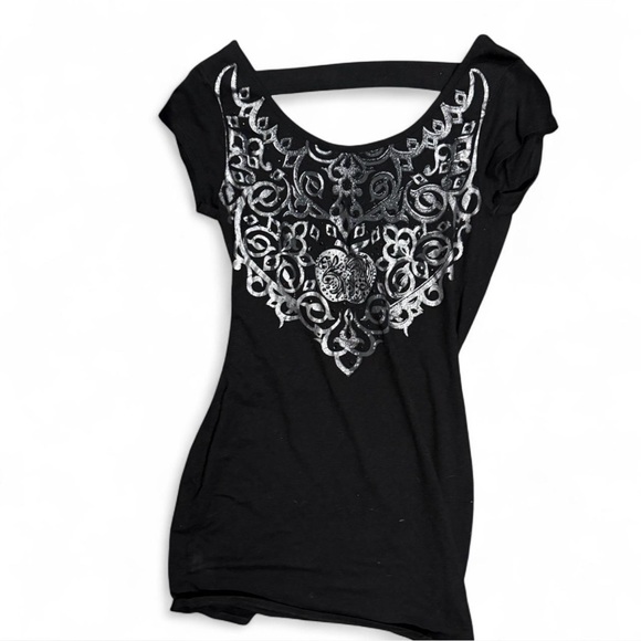 Apple Bottoms Tops - 2000s Apple Bottoms Black and Silver Short Sleeve Top